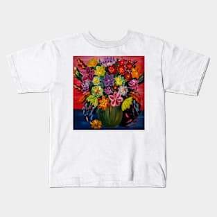 A beautiful bouquet of mixed flowers in a silver vase Kids T-Shirt